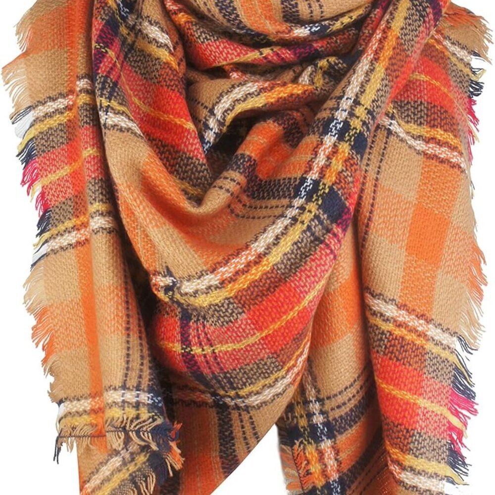 Women's Fall Winter Scarf Classic Tassel Plaid Tartan Warm Soft Chunky Large Bla - Picture 1 of 8
